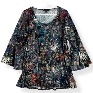 Investments Top Womens XL Multicolor Gold Abstract Floral Print Long Bell Sleeve